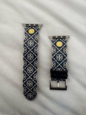 Tory Burch Navy and White Logo Apple Watch Band with Gold Accents